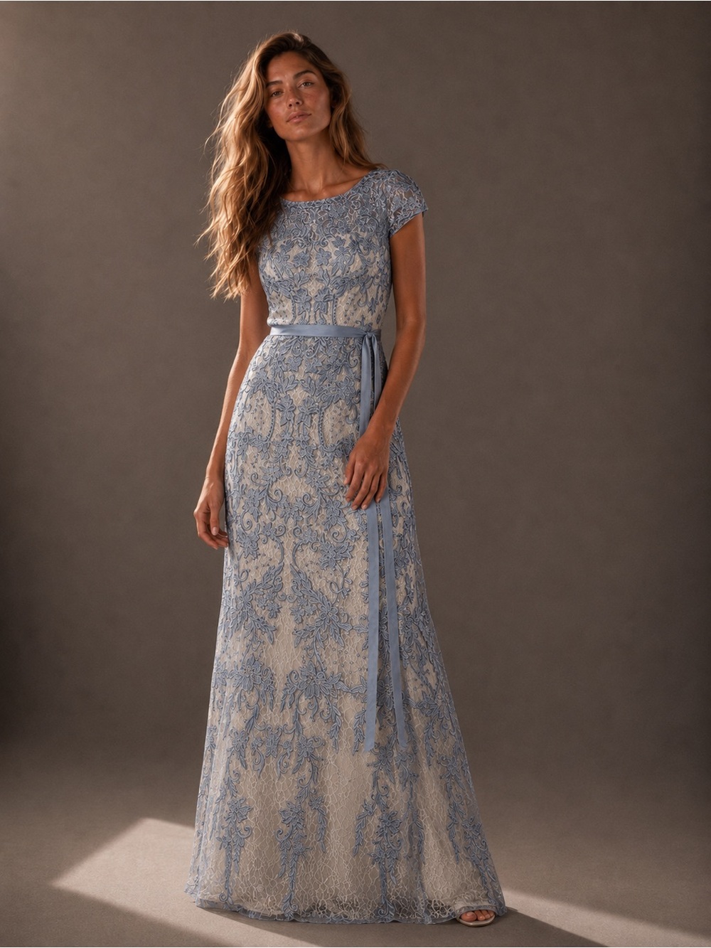 Lace A-Line Evening Gown in Light Blue and Cream